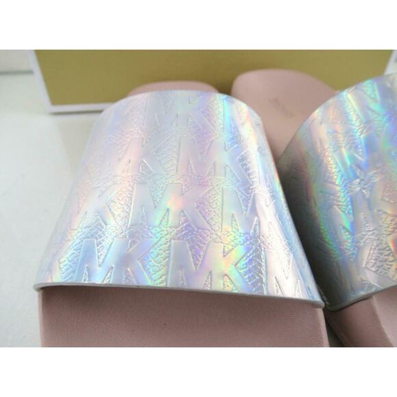 Michael Kors Gilmore Slide Sandals MK Debossed Metallic Silver Multi Size 9 - Picture 7 of 9